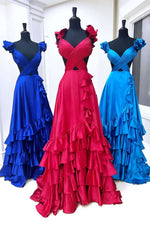 Ruffled Straps Red Pleated Layered Long Prom Dress