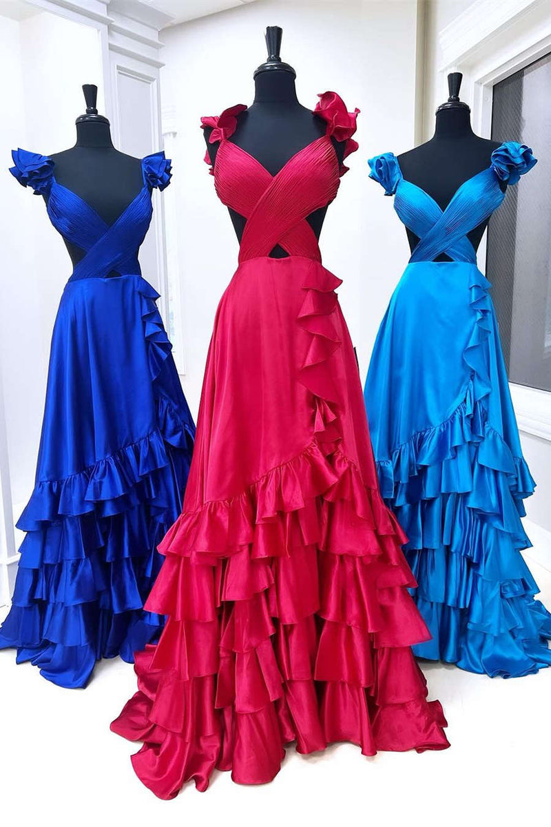 Ruffled Straps Red Pleated Layered Long Prom Dress