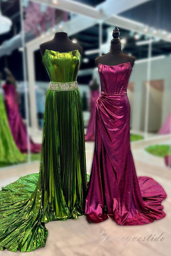Metallic Gold Strapless Beaded Prom Dress with Slit