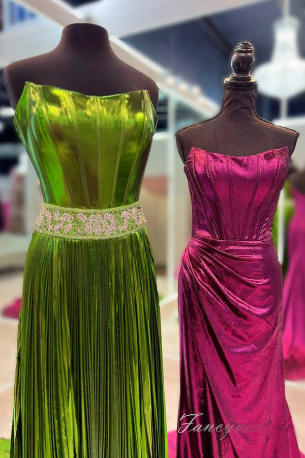 Metallic Gold Strapless Beaded Prom Dress with Slit