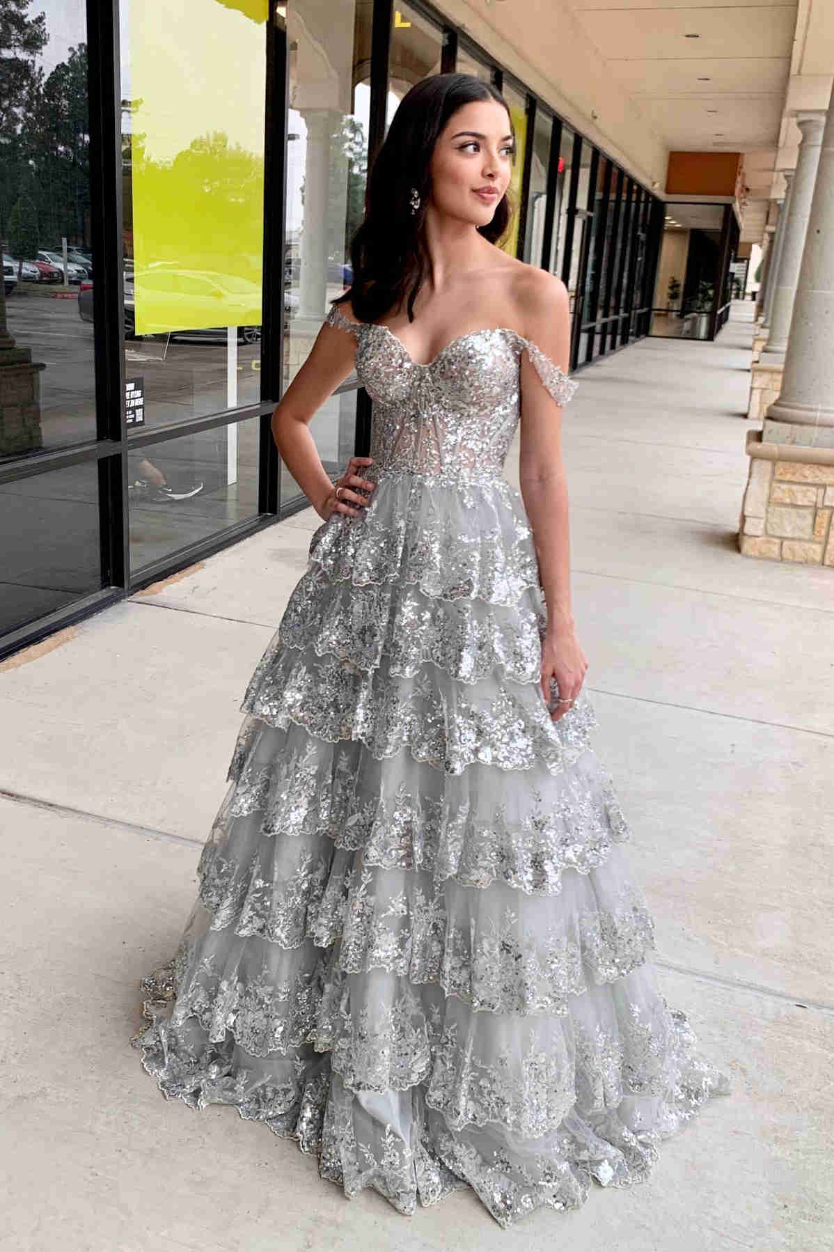 Lace-Up Gold Off the Shoulder Corset Tiered Ball Gown FancyVestido Lace-Up Gold Off the Shoulder Corset Tiered Ball Gown FancyVestido