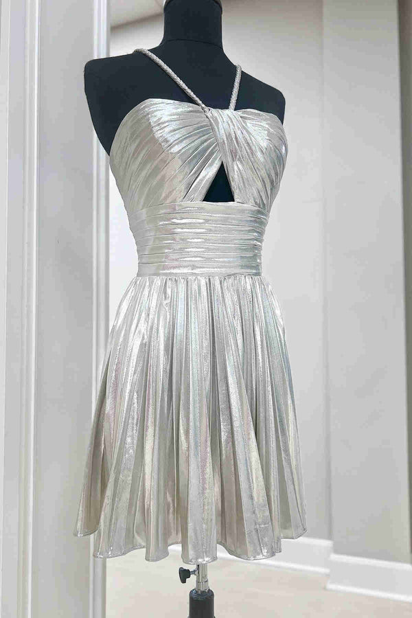 Halter Champagne Metallic Keyhole Pleated A-Line Cocktail Dress