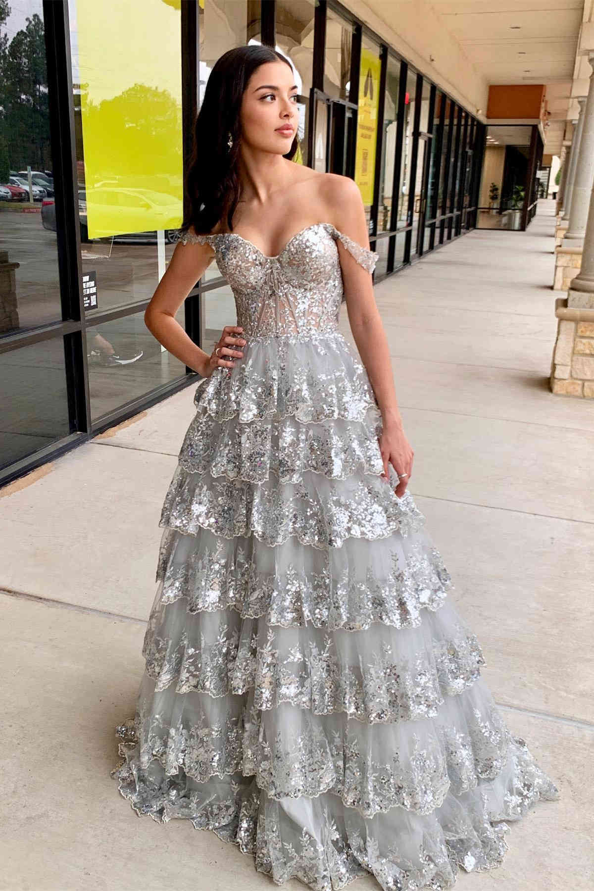 Lace-Up Gold Off the Shoulder Corset Tiered Ball Gown FancyVestido Lace-Up Gold Off the Shoulder Corset Tiered Ball Gown FancyVestido