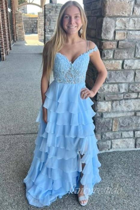 Yellow Sweetheart Applique Ruffle Prom Dress with Slit