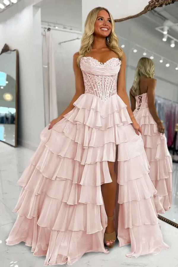Sweetheart Applique Boned Ruffle Chiffon Long Prom Dress