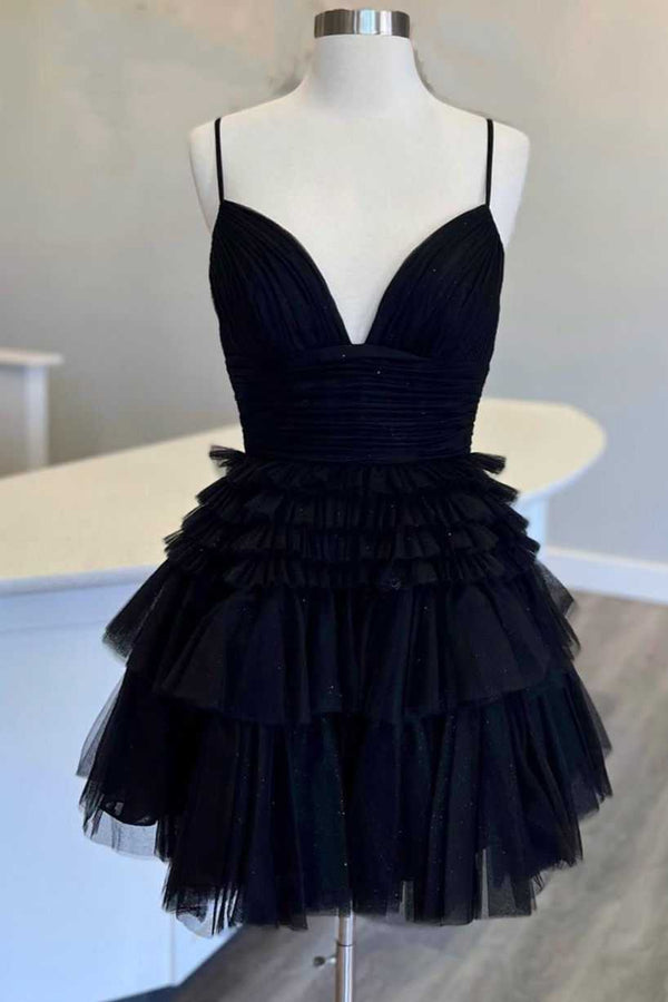 straps a-line Black short homecoming dress full front short 