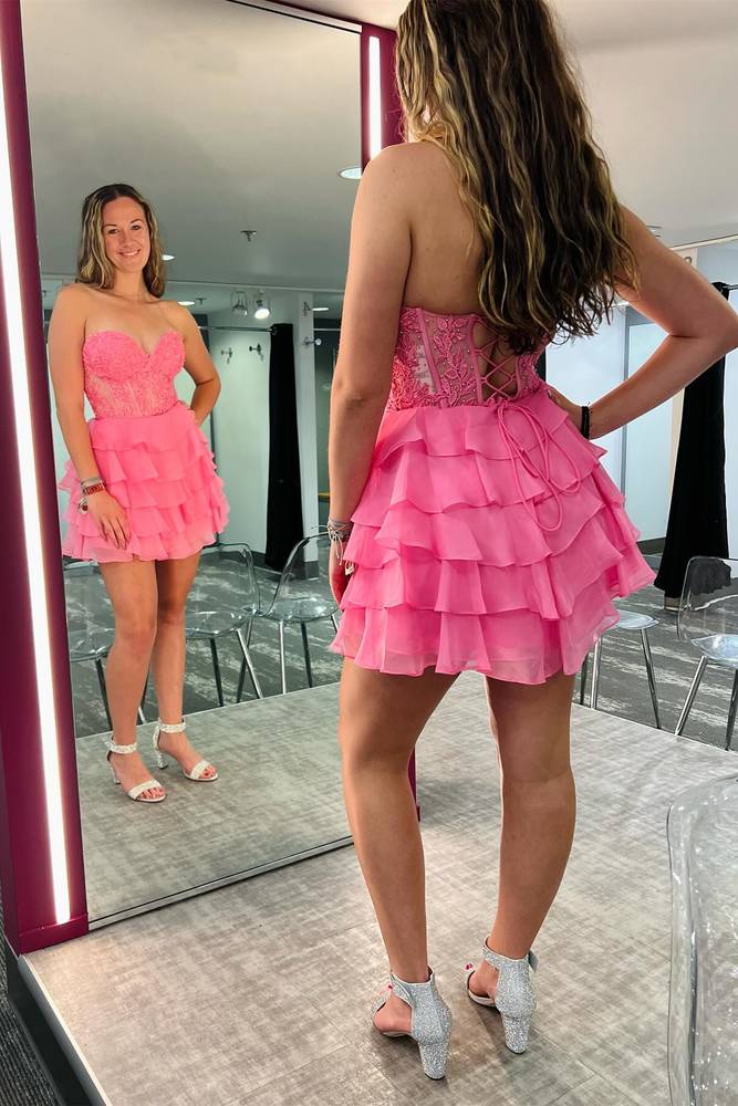 sweetheart hot pink tiered short party dress back side
