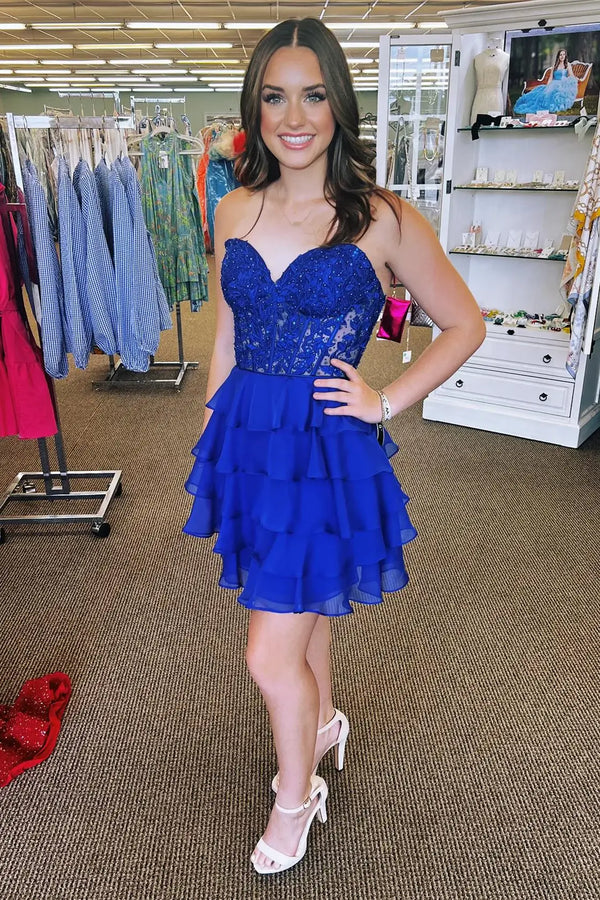 Sweetheart Royal Blue Lace Corset Tiered Party Dress