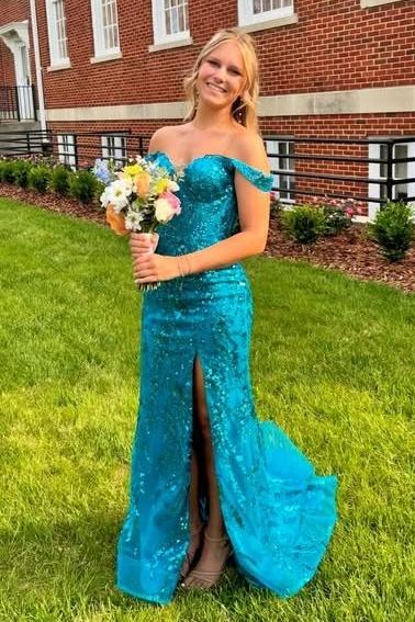Off the Shoulder Gold Sequin Corset Mermaid Prom Dress with Slit
