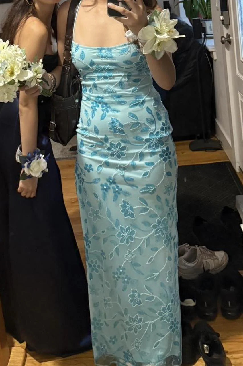 Spaghetti Straps Sequin Applique Evening Prom Dress