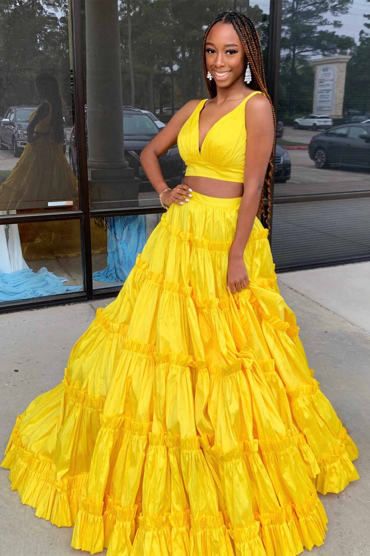 Yellow V-Neck Ruffle A-Line Two Piece Prom Dress FancyVestido Yellow V-Neck Ruffle A-Line Two Piece Prom Dress FancyVestido