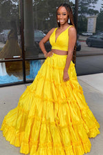 Yellow V-Neck Ruffle A-Line Two Piece Prom Dress