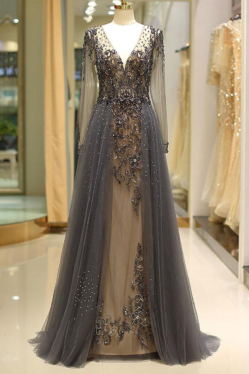 Gorgeous Sheer Long Sleeves Beaded Prom Dress