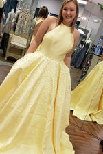 Elegant Halter Beaded Hollow Out Yellow Prom Dress