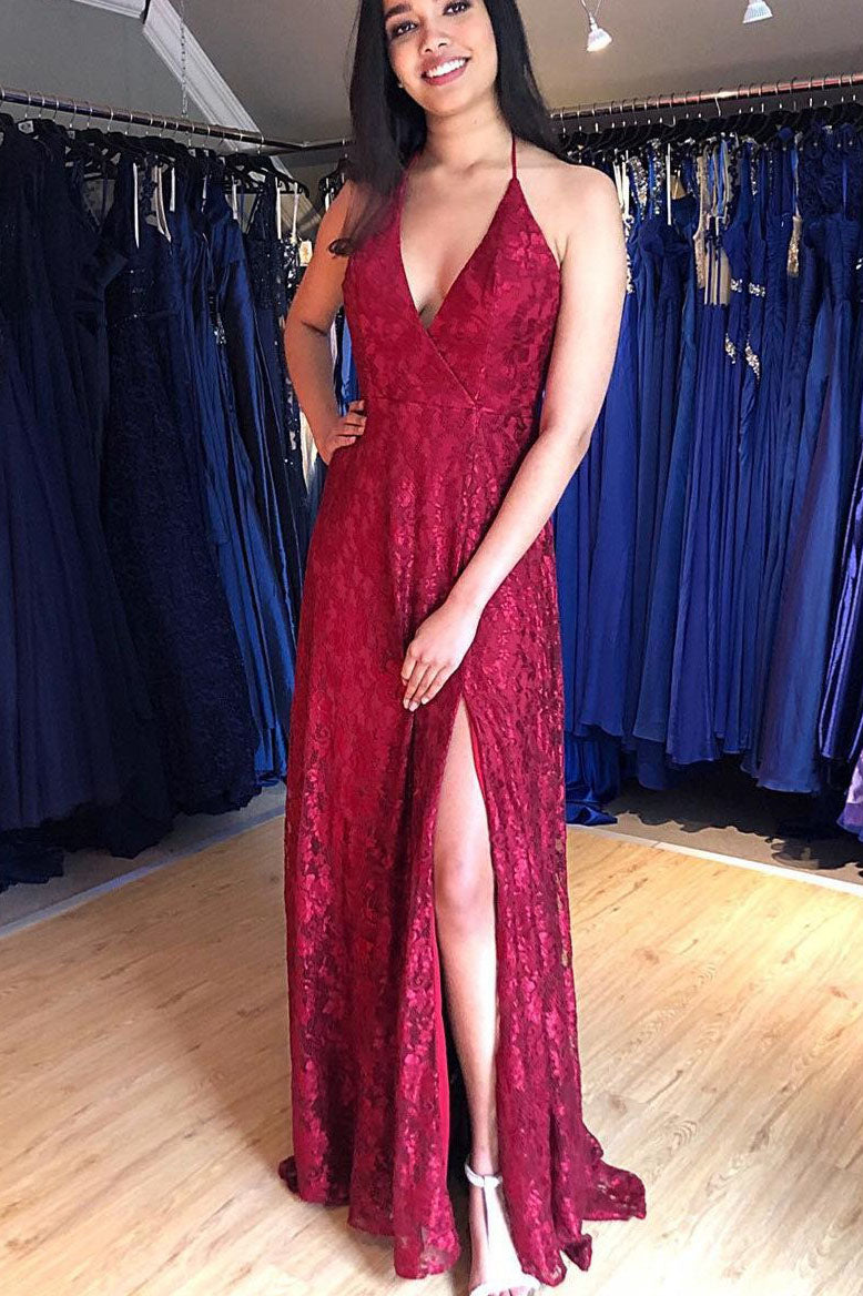 Gorgeous Halter Burgundy Lace Formal Dress