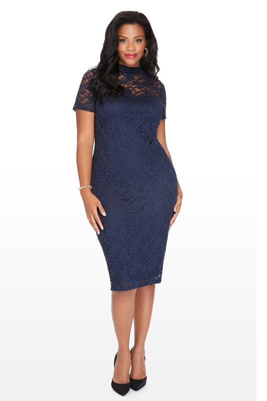 Plus Size Illusion Short Sleeves Navy Blue Ankle Length Party Dress