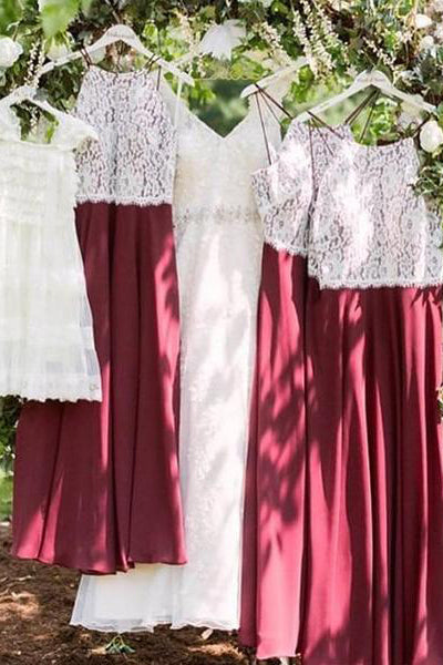 Plus Size Straps Burgundy Long Bridesmaid Dress with Lace
