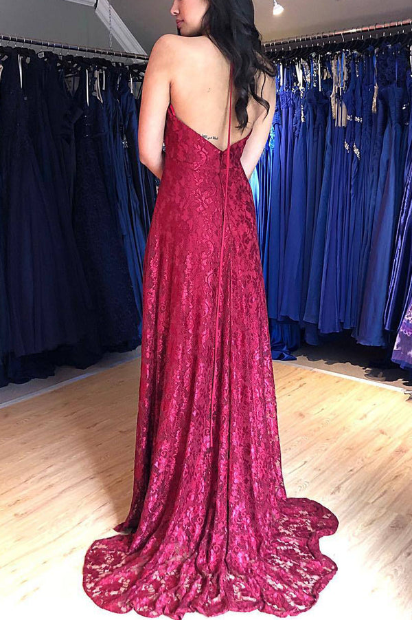 Elegant Wine Floral Lace A-Line Maxi Party Dress