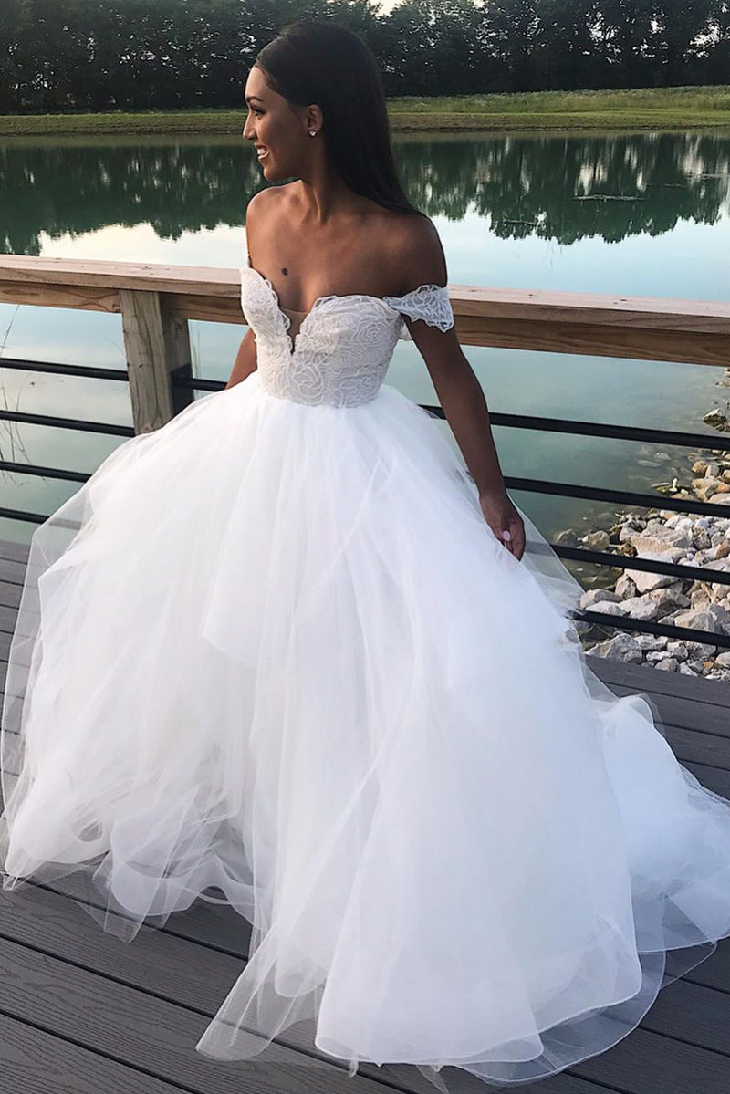 Princess Long A-line Off Shoulder White Bridal Gown with Lace Top