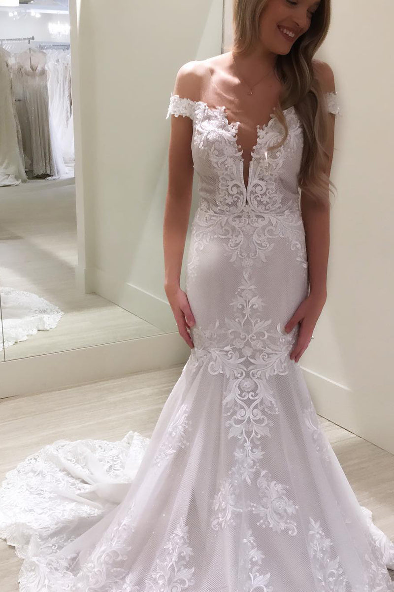 Long Off-the-Shoulder Mermaid White Wedding Dress with Lace