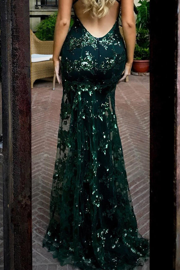 Glamorous Gold Floral Sequin Prom Dress with Criss-Cross Back