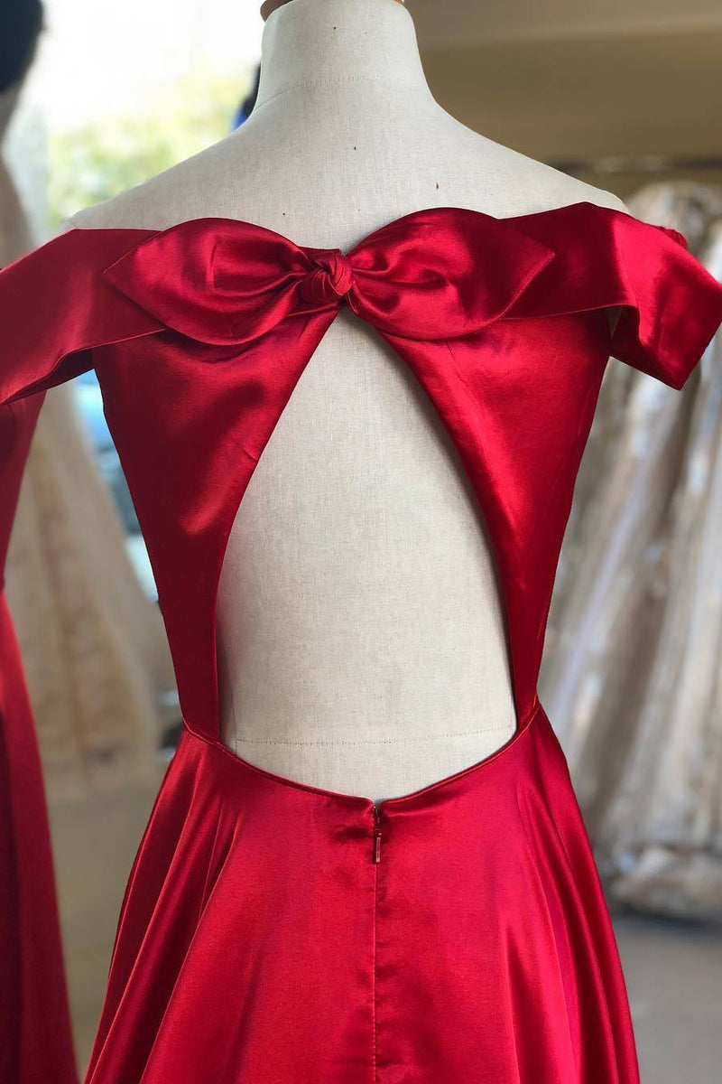 Off Shoulder Long Red Prom Dress with Keyhole Back