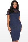Plus Size Illusion Short Sleeves Navy Blue Ankle Length Party Dress