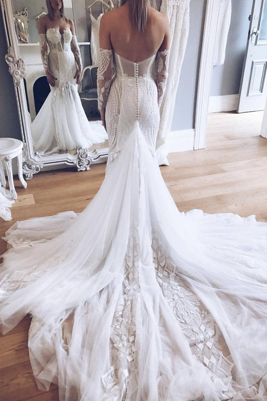 white mermaid dress with train Long Strapless Chapel Train Mermaid White Wedding Dress – FancyVestido