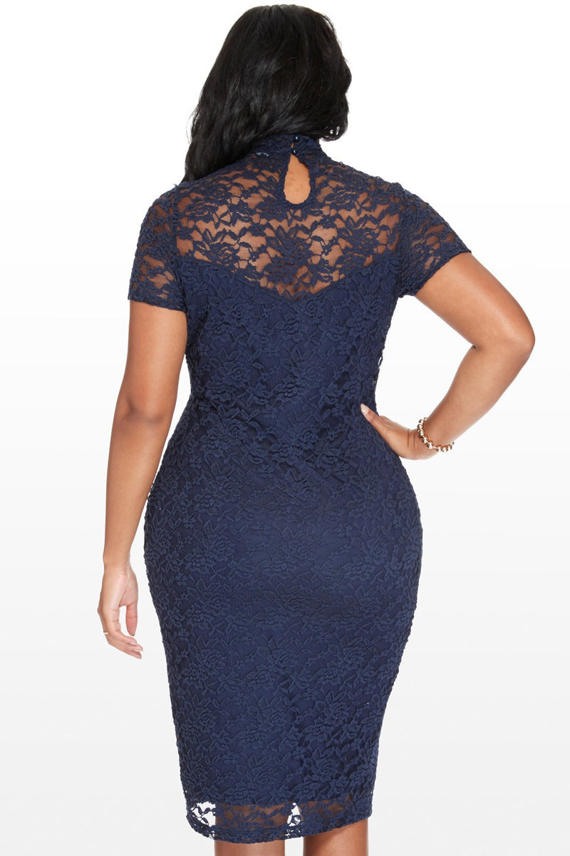 Plus Size Illusion Short Sleeves Navy Blue Ankle Length Party Dress