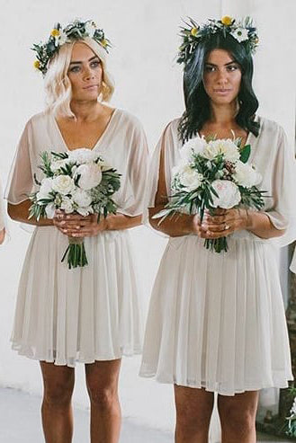 V-Neck Off White Chiffon Short Bridesmaid Dress