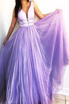 V-Neck Beaded Tulle Lavender Long Prom Dress