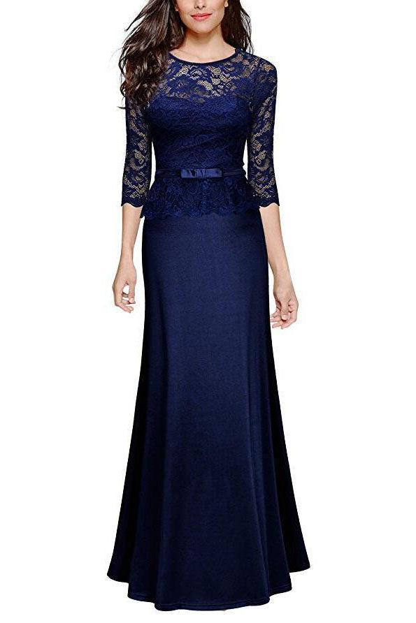 3/4 Sleeves Sheath Lace Navy Blue Long Party Dress – FancyVestido