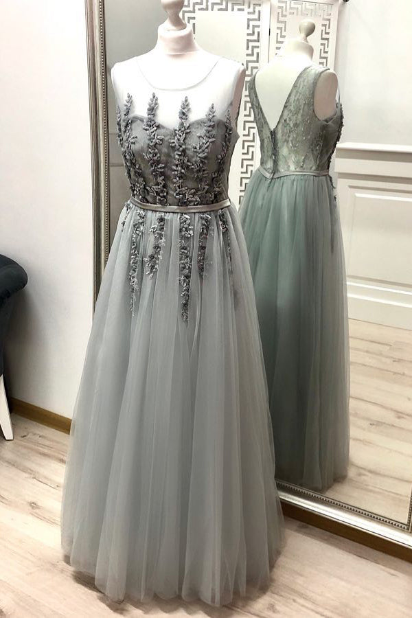 Illusion Neck Appliques Floor Length Grey Prom Dress