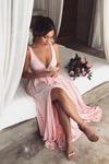 V Neck Empire Pink Bridesmaid Dress with Side Slit