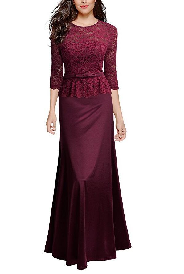 3/4 Sleeves Sheath Lace Navy Blue Long Party Dress