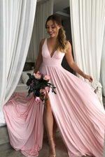 V Neck Empire Pink Bridesmaid Dress with Side Slit