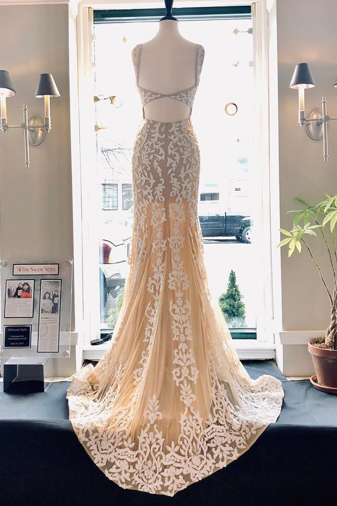 Straps Mermaid Appliques Long Prom Dress