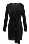 Long Sleeves Deep V-Neck Velvet Party Dress with Pleats