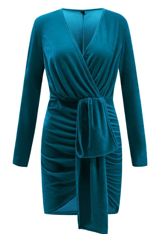 Long Sleeves Deep V-Neck Velvet Party Dress with Pleats FancyVestido Long Sleeves Deep V-Neck Velvet Party Dress with Pleats FancyVestido
