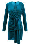 Long Sleeves Deep V-Neck Velvet Party Dress with Pleats