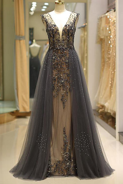 Sleeveless A-Line Evening Gown With Sequin And Bead Embellishments