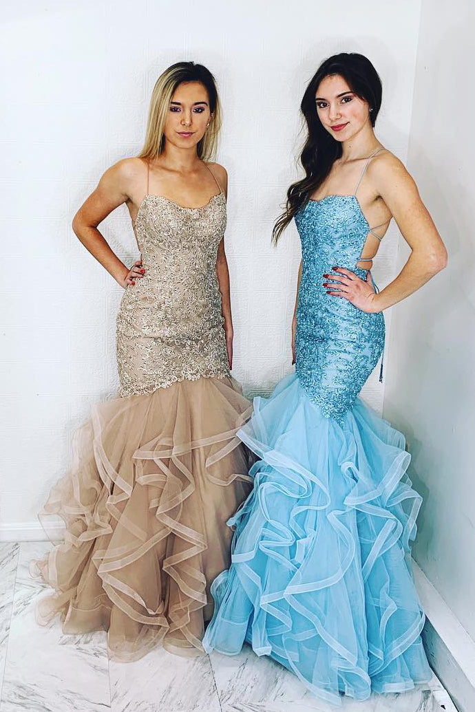 Stunning Lace Applique Mermaid Formal Gown with Tiered Ruffle Train –  FancyVestido