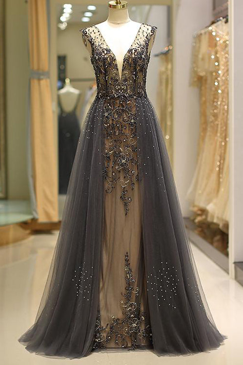 Plunging Neck Beaded Long Prom Dress with Sheer Back