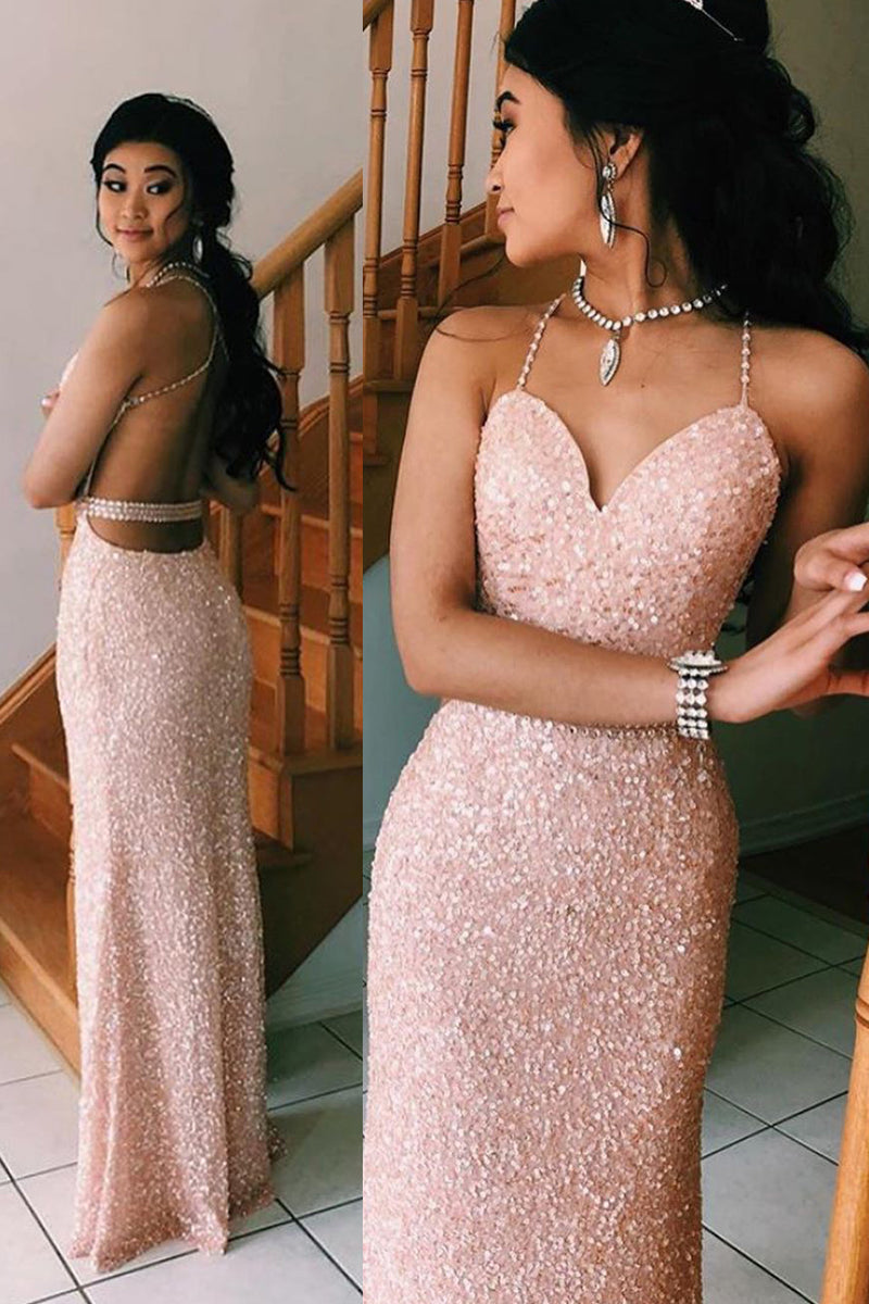 Sparkly Sequin Pink Prom Dress with Open Back