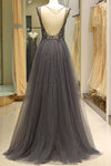 Plunging Neck Beaded Long Prom Dress with Sheer Back