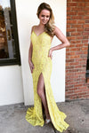 All Over Lace Mermaid Yellow Long Prom Dress with Slit