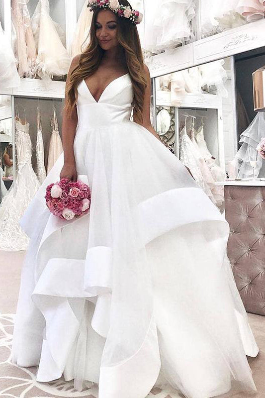 Long V-Neck A-line Straps White Wedding Dress with Ruffles