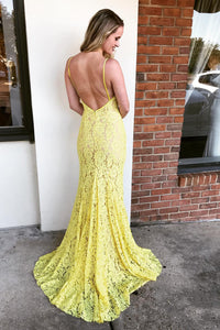Yellow Lace Spaghetti Straps V-Neck Backless Mermaid Party Prom Dress