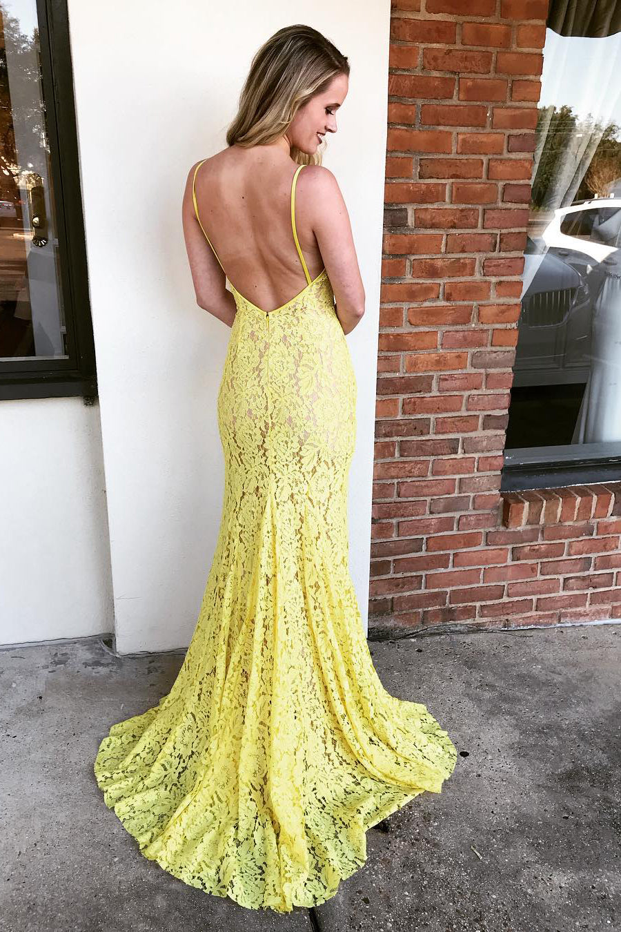 Yellow Lace Spaghetti Straps V-Neck Backless Mermaid Party Prom Dress FancyVestido Yellow Lace Spaghetti Straps V-Neck Backless Mermaid Party Prom Dress FancyVestido