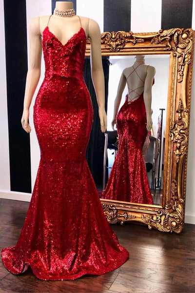 Elegant Red Sequin Mermaid Gown with Lace-Up Open Back